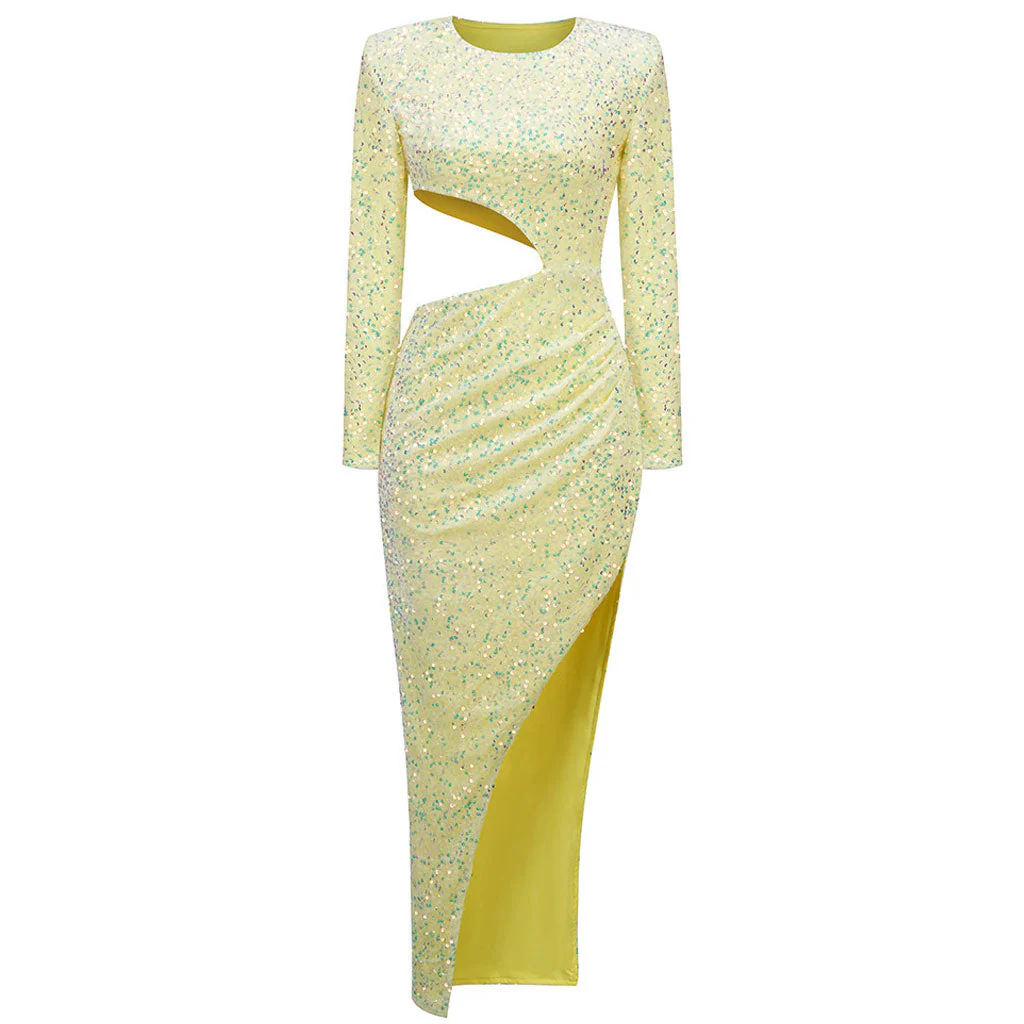 Radiant Sequin Embellished Ruched CutOut Long Sleeve Side Slit Maxi Velvet Dress - YelLow - Image 3