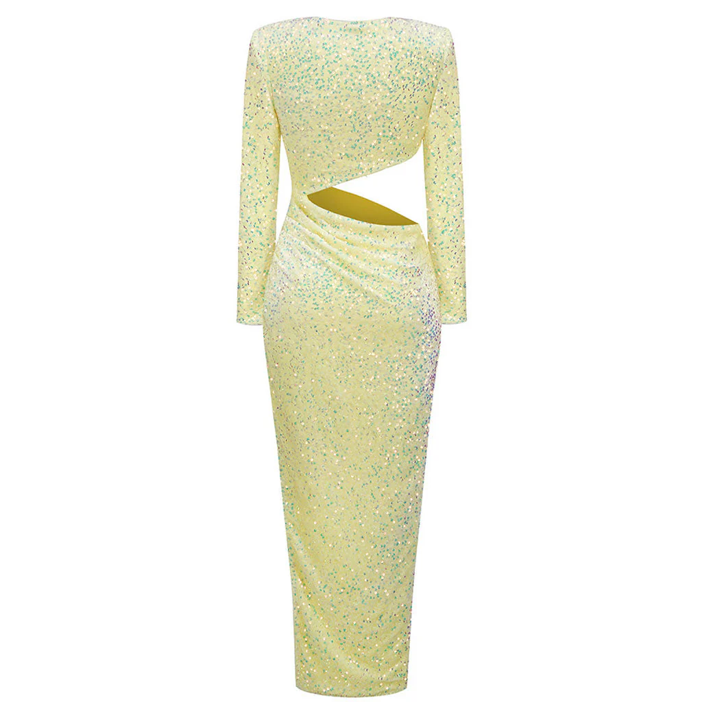 Radiant Sequin Embellished Ruched CutOut Long Sleeve Side Slit Maxi Velvet Dress - YelLow - Image 4