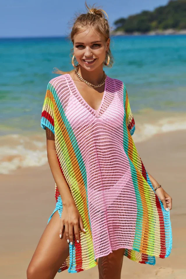 Rainbow Colorblock Crochet Cover Up - Image 4