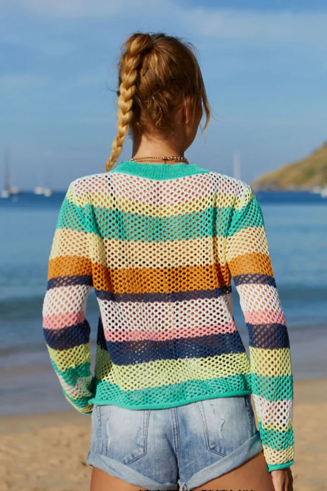 Rainbow Stripe Openwork Long Sleeve Cover Up - Image 10