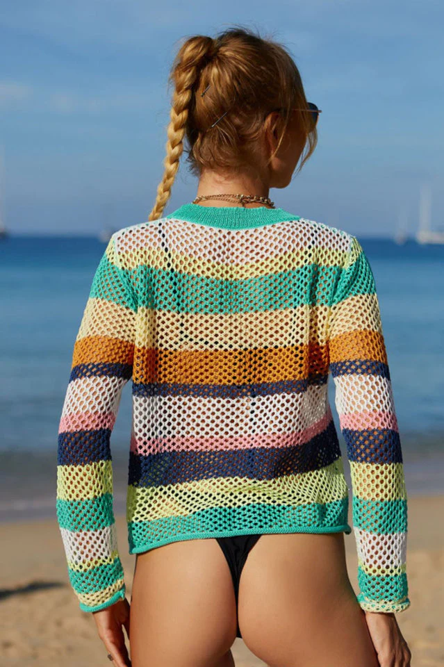 Rainbow Stripe Openwork Long Sleeve Cover Up - Image 12