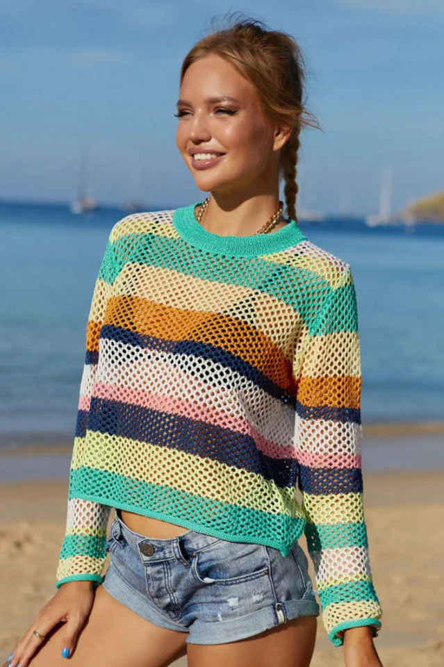Rainbow Stripe Openwork Long Sleeve Cover Up - Image 2