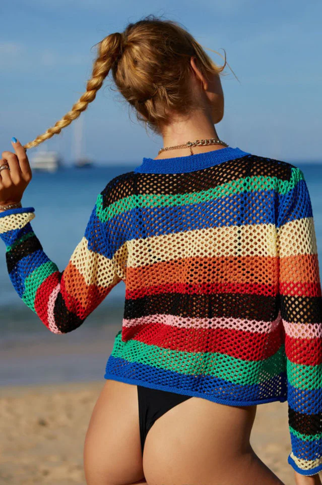 Rainbow Stripe Openwork Long Sleeve Cover Up - Image 5