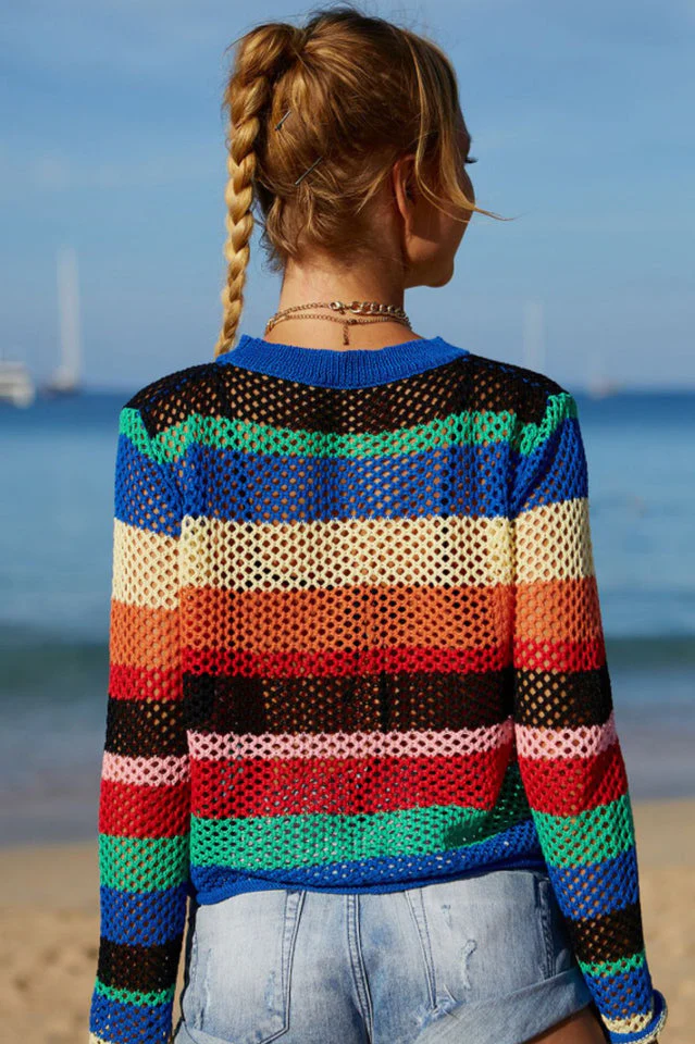 Rainbow Stripe Openwork Long Sleeve Cover Up - Image 8