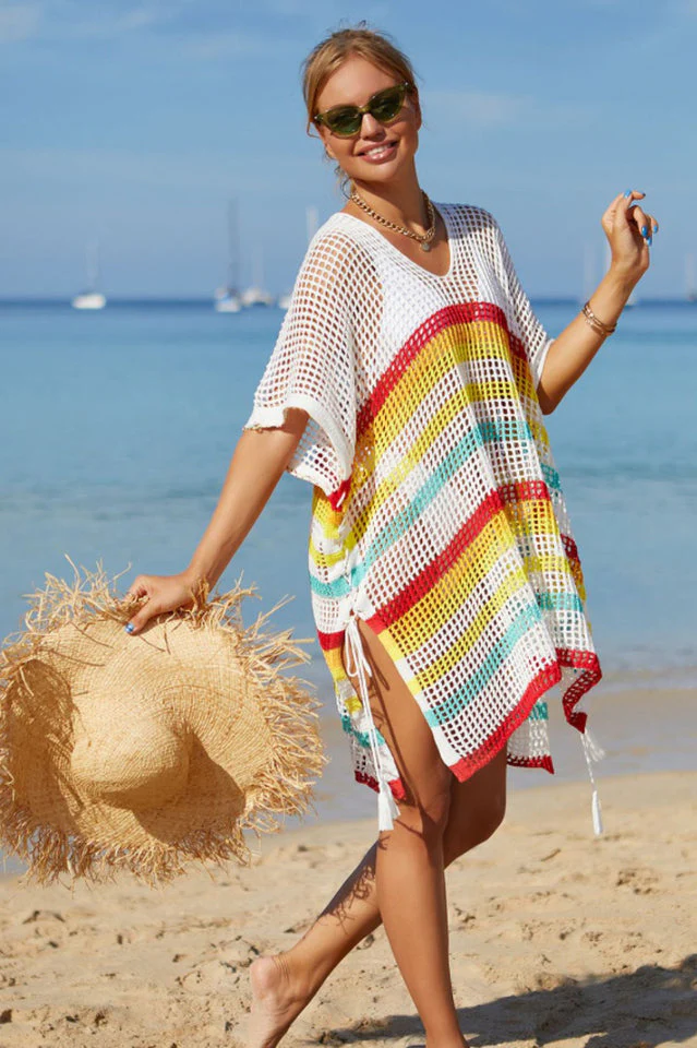 Rainbow Stripe Openwork Slit Cover Up - Image 12
