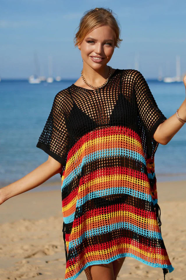 Rainbow Stripe Openwork Slit Cover Up - Image 13