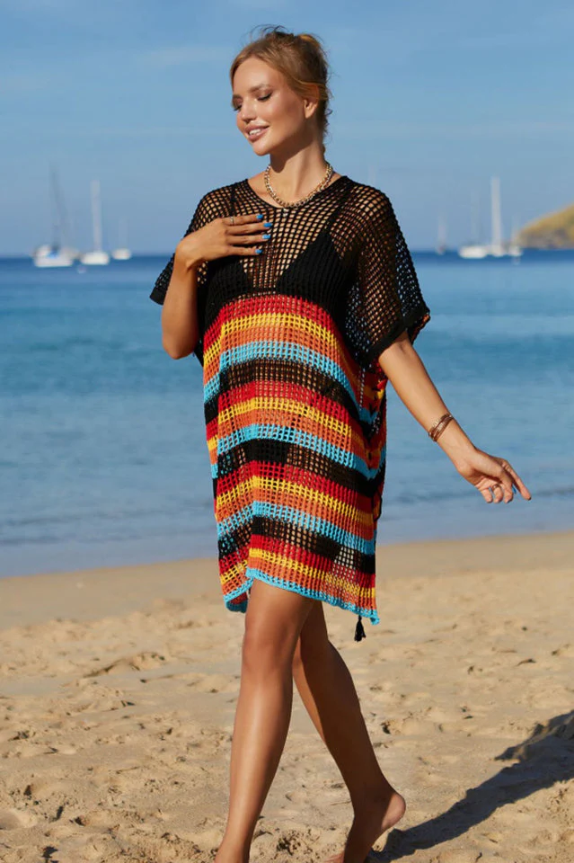 Rainbow Stripe Openwork Slit Cover Up - Image 16