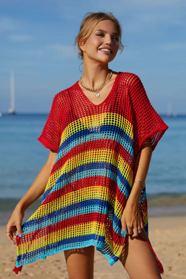 Rainbow Stripe Openwork Slit Cover Up - Image 19