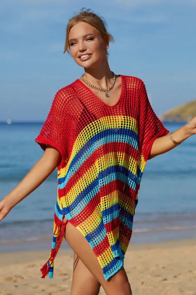 Rainbow Stripe Openwork Slit Cover Up - Image 20