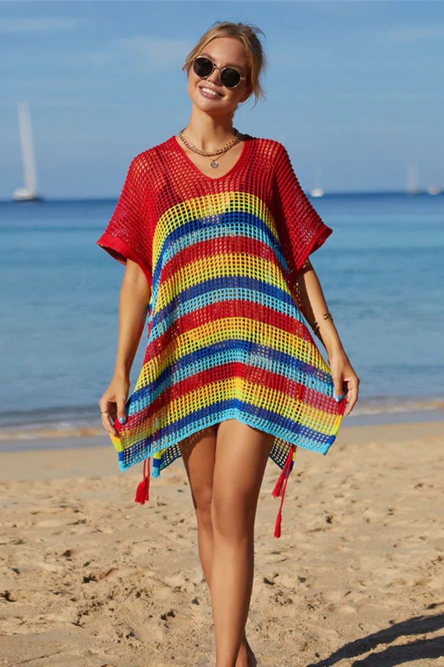 Rainbow Stripe Openwork Slit Cover Up - Image 21