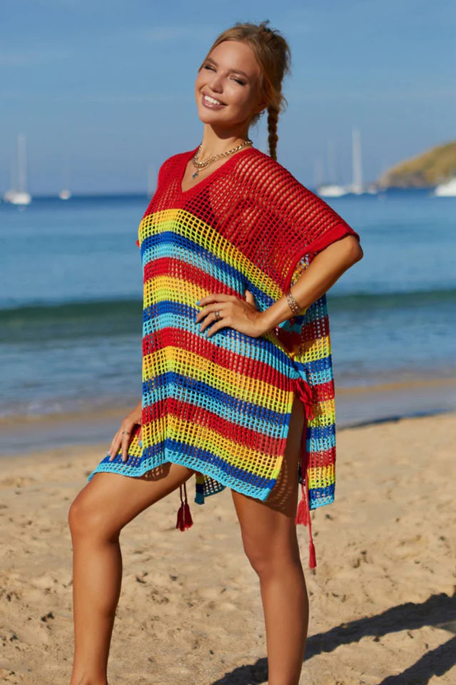 Rainbow Stripe Openwork Slit Cover Up - Image 22