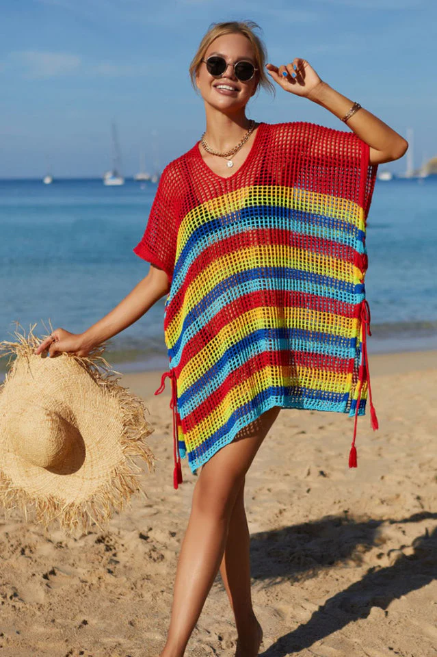 Rainbow Stripe Openwork Slit Cover Up - Image 23