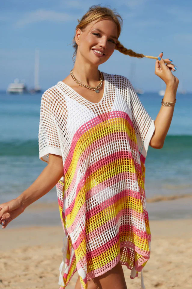 Rainbow Stripe Openwork Slit Cover Up - Image 3