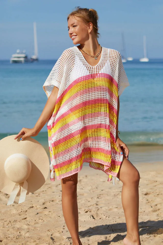 Rainbow Stripe Openwork Slit Cover Up - Image 5