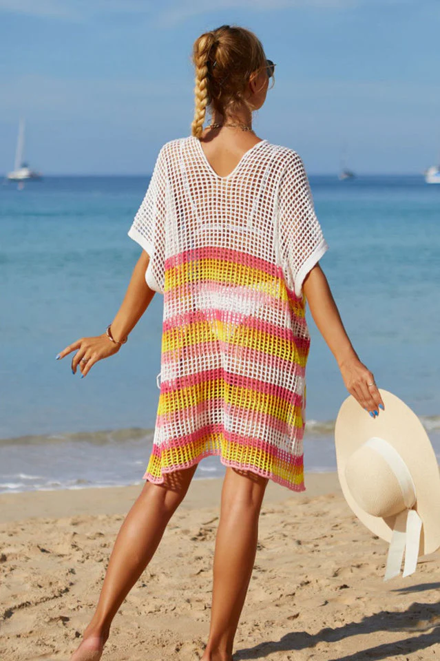 Rainbow Stripe Openwork Slit Cover Up - Image 6