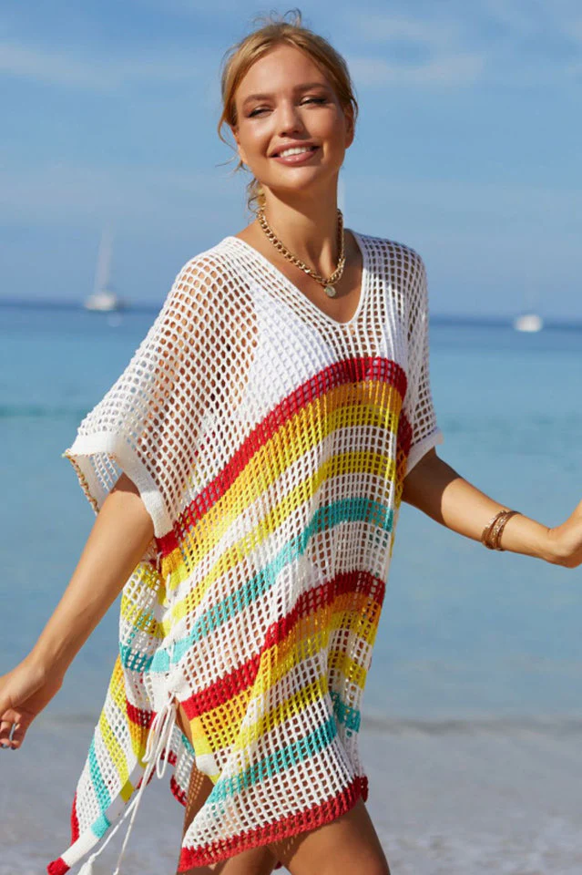 Rainbow Stripe Openwork Slit Cover Up - Image 7