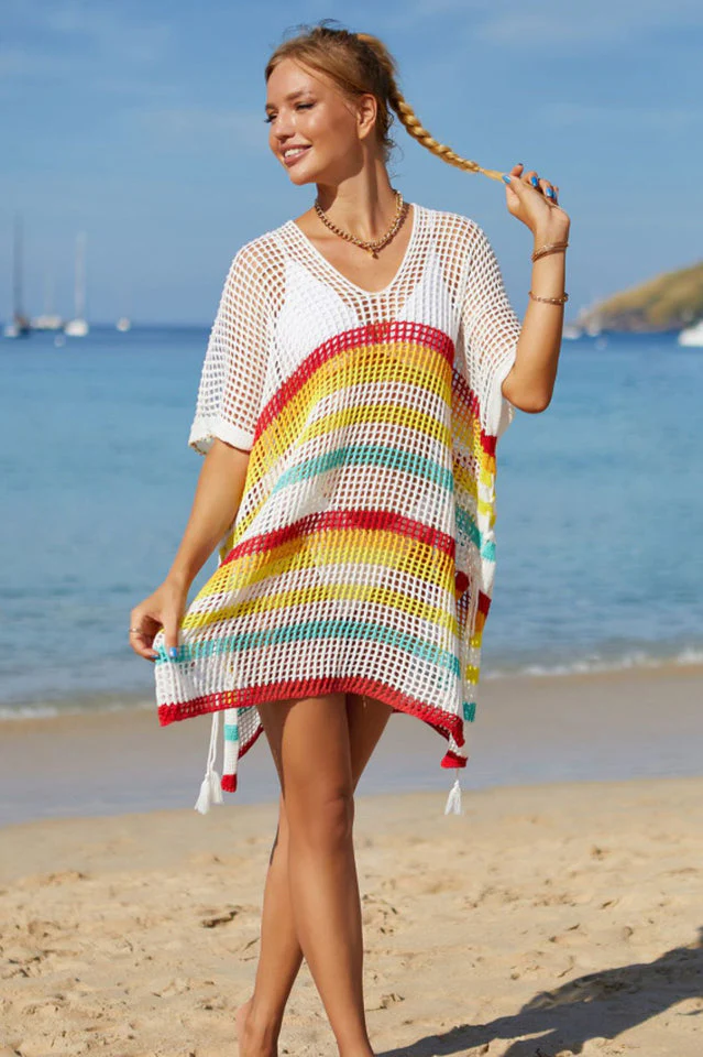 Rainbow Stripe Openwork Slit Cover Up - Image 8