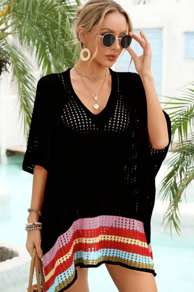 Rainbow Stripe Openwork Slit Cover Up - Image 14