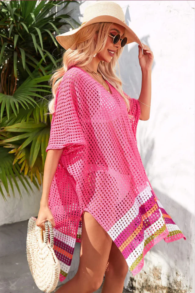 Rainbow Stripe Openwork Slit Cover Up - Image 5