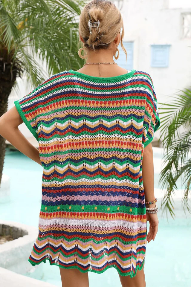 Rainbow Stripe Scalloped V-Neck Cover-Up Dress - Image 2