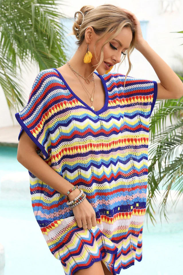 Rainbow Stripe Scalloped V-Neck Cover-Up Dress - Image 6