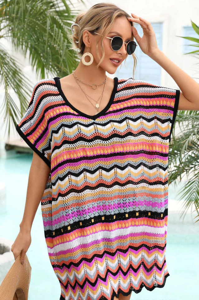 Rainbow Stripe Scalloped V-Neck Cover-Up Dress - Image 8