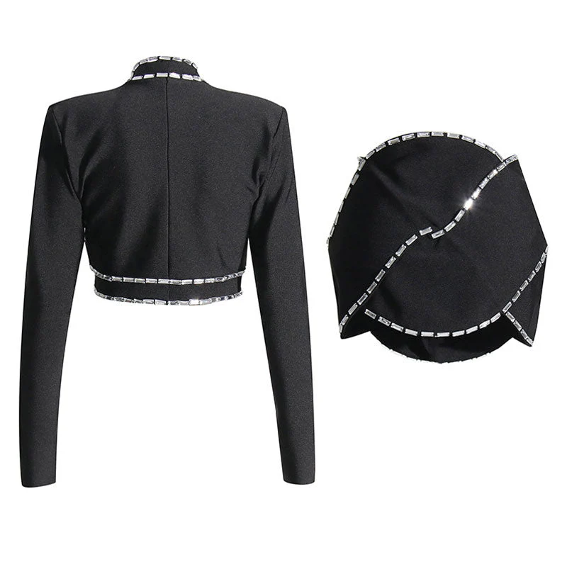 Rebellious Decorated Crystal Rope Low Waist Bodycon CutOut Crop Blazer Matching Set - Image 3