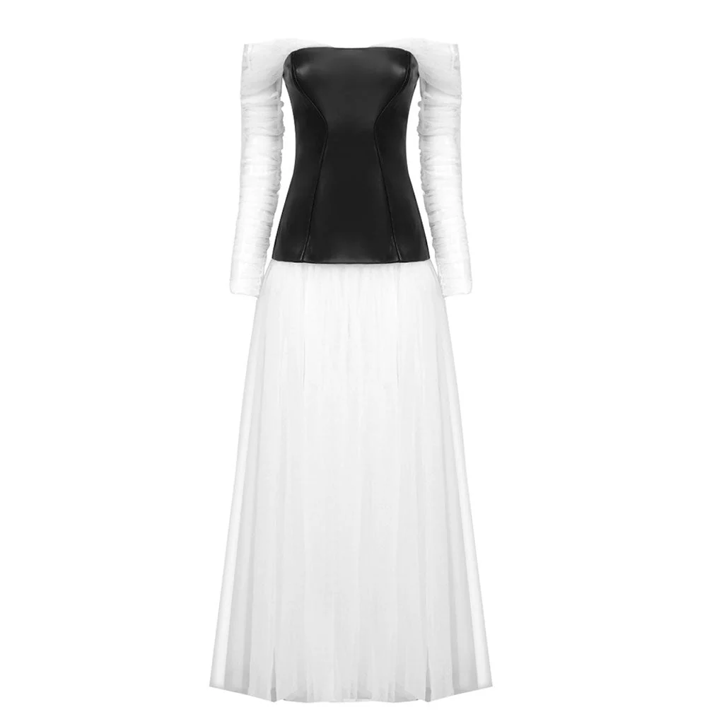 Rebellious Off The Shoulder Vegan Leather Panel Sheer Tulle Maxi Evening Dress - Image 3