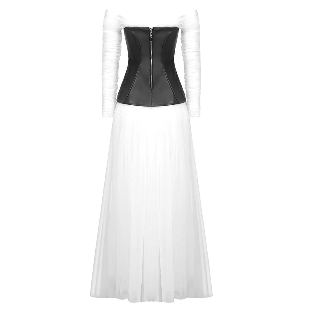 Rebellious Off The Shoulder Vegan Leather Panel Sheer Tulle Maxi Evening Dress - Image 4