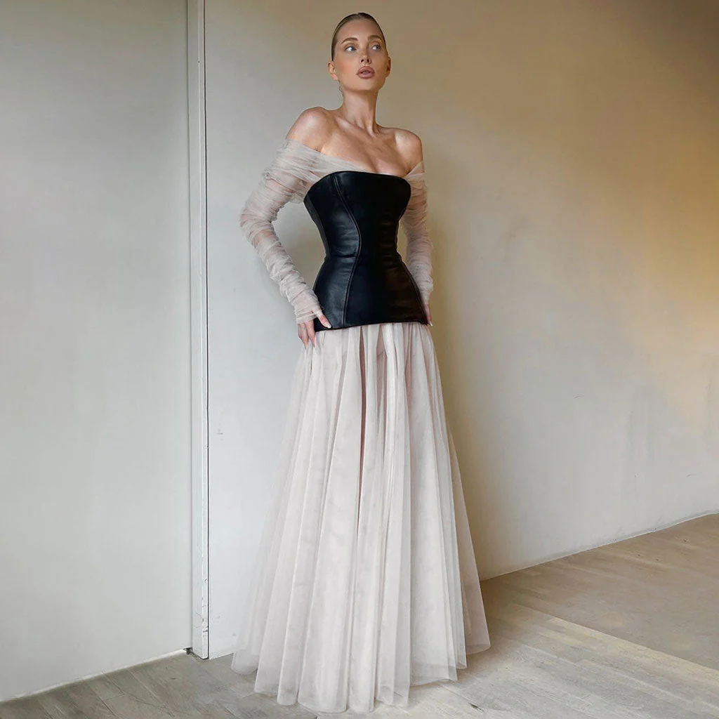 Rebellious Off The Shoulder Vegan Leather Panel Sheer Tulle Maxi Evening Dress - Image 5