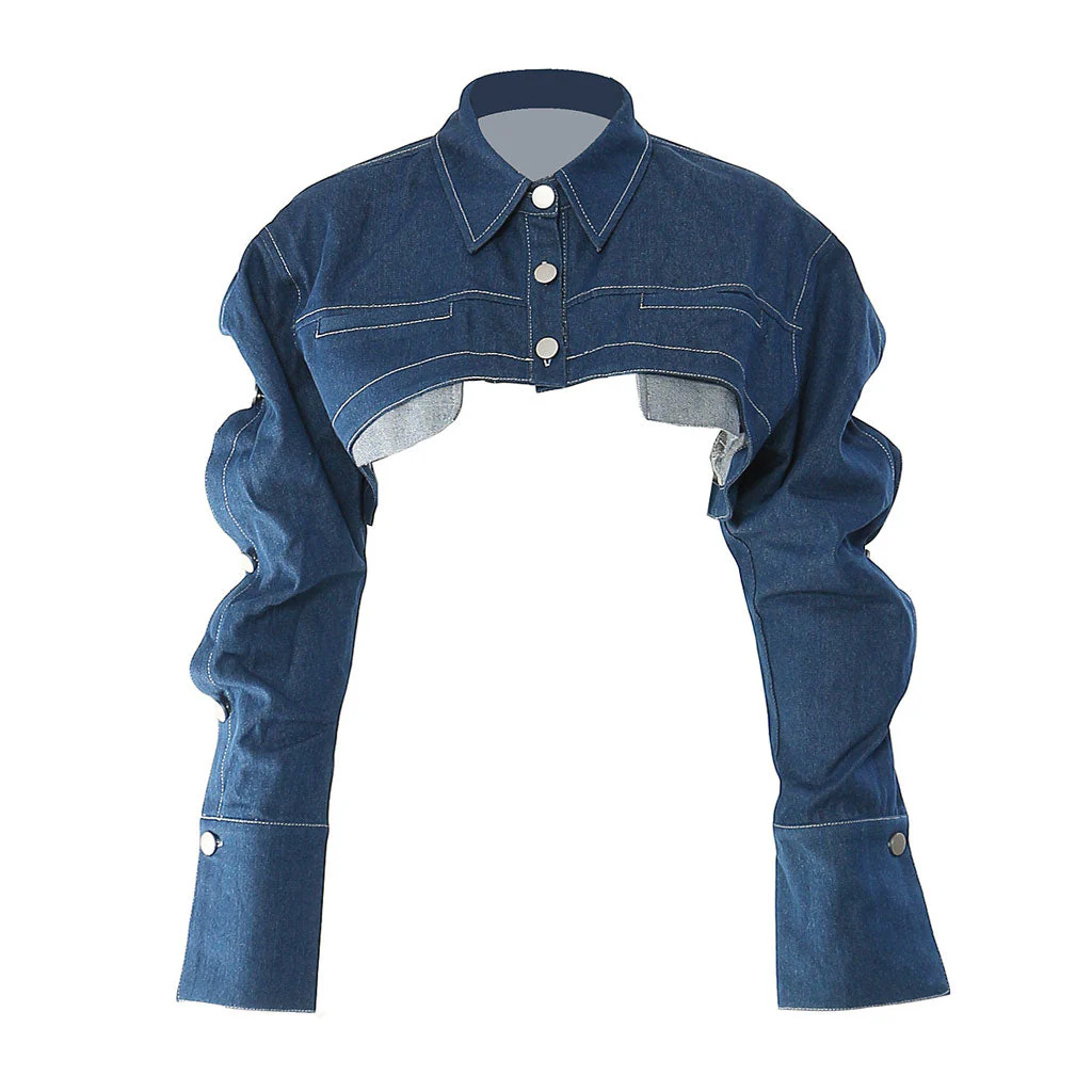 Rebellious Pointed Collar Wavy Long Sleeve Button Front Cropped Denim Jacket - Image 2