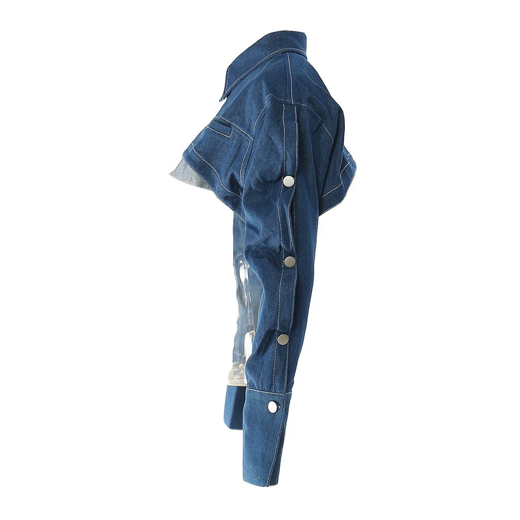 Rebellious Pointed Collar Wavy Long Sleeve Button Front Cropped Denim Jacket - Image 3