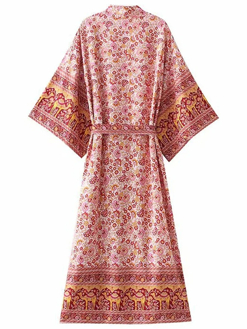 Printed Pink Color Cotton Long Length Gown Kimono Duster Robe - Image 2