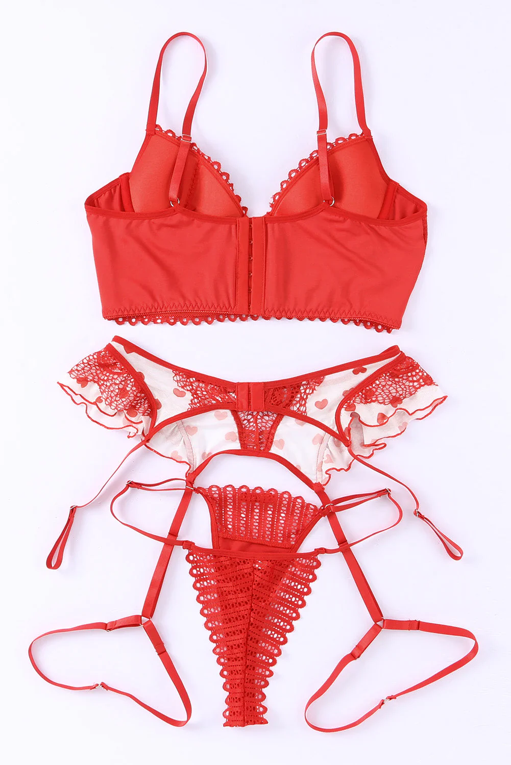 Red 3Pcs Heart Print Mesh Splice Lingerie Set - Image 6