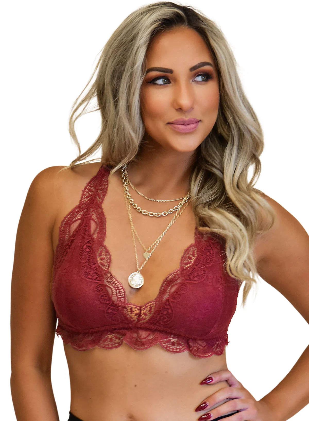 Red Halter Scalloped V Neck Lace Bralette - Image 10