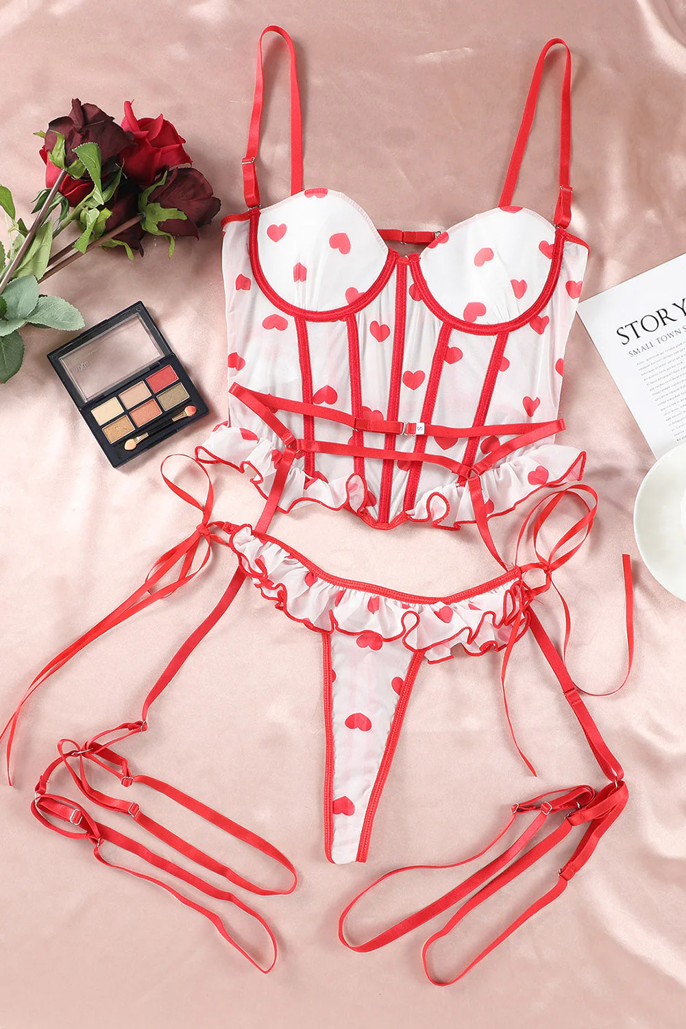 Red Heart Print Ruffled Strappy Three-Piece Lingerie Set - Image 14