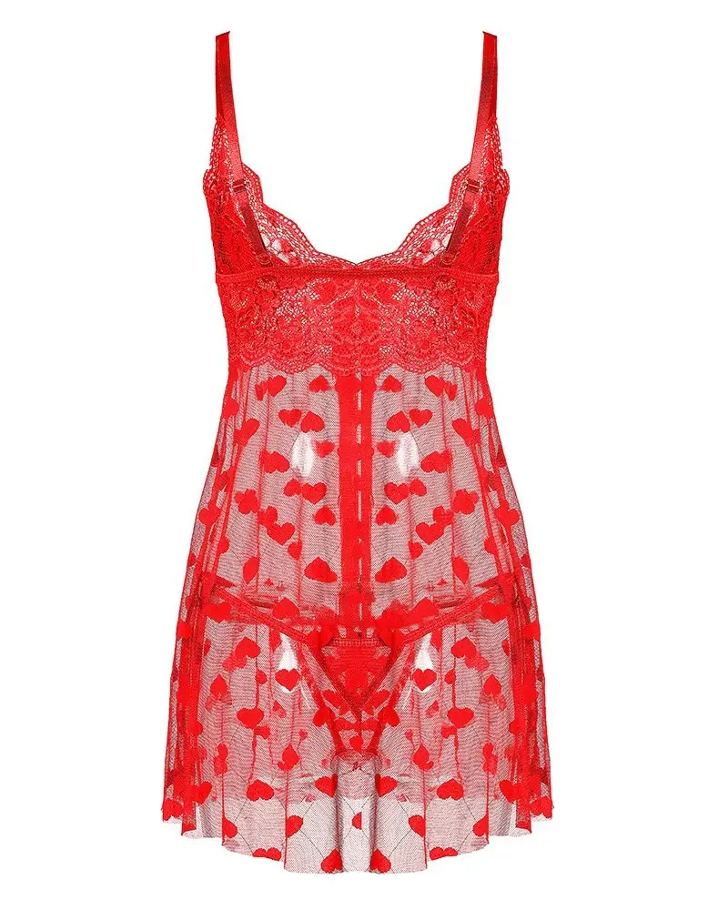 Red Heart Shape Print Lace Crochet Babydoll Set - Image 7