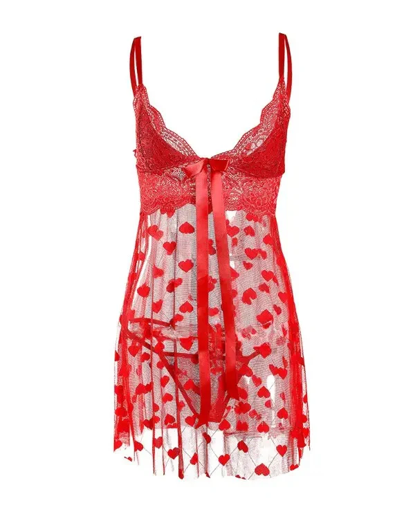 Red Heart Shape Print Lace Crochet Babydoll Set - Image 8