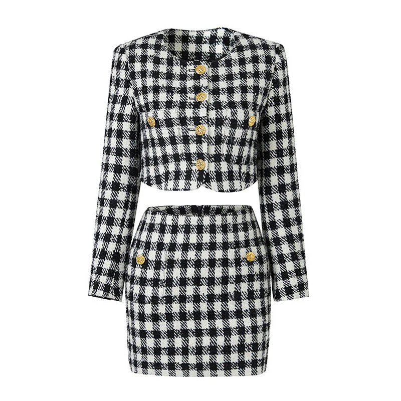 Refine Crewneck Golden Button Houndstooth Tweed Cropped Jacket Matching Set - Image 3