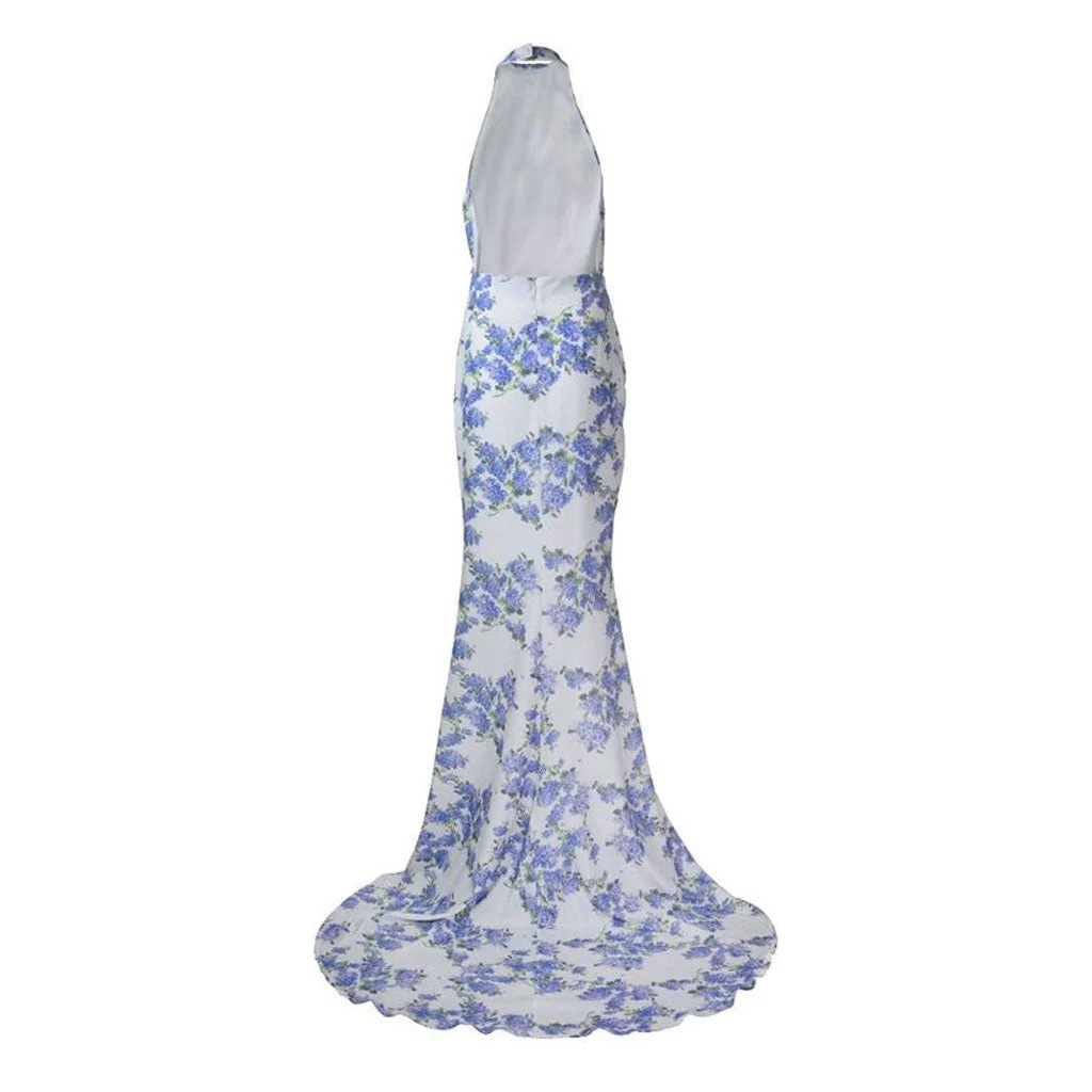 Refine Halter Ruched Floral Printed Backless Sleeveless Split Maxi Evening Dress - Image 2