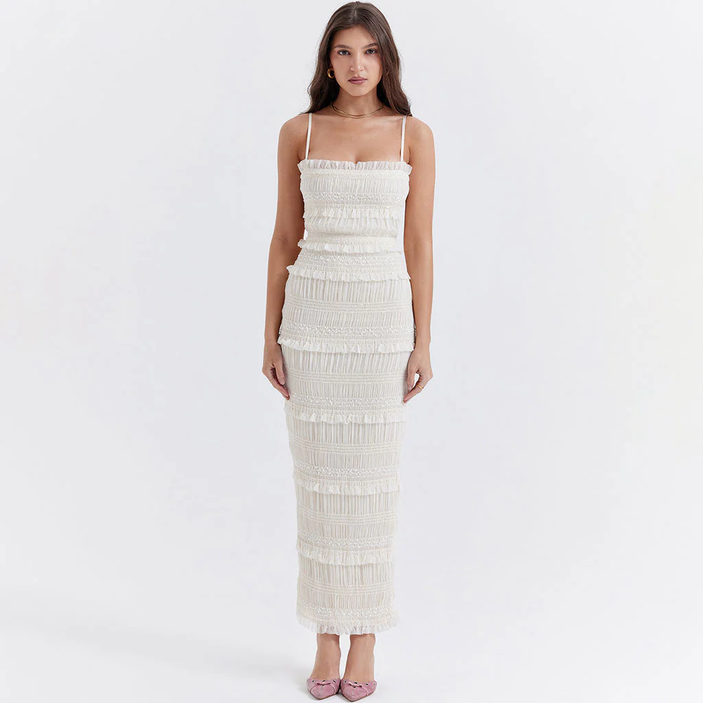 Refine Ruffle Neck Square Neck Layered Ruched Bodycon Cami Maxi Slip Dress - Image 2