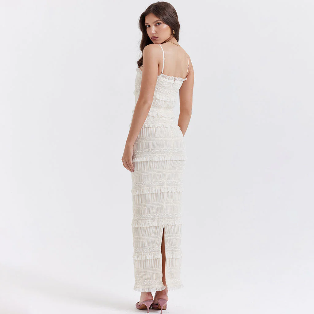 Refine Ruffle Neck Square Neck Layered Ruched Bodycon Cami Maxi Slip Dress - Image 4