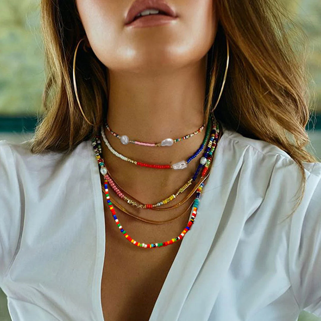 Resort Style Baroque Pearl Mixed Beaded Choker Necklace - Blue - Image 2