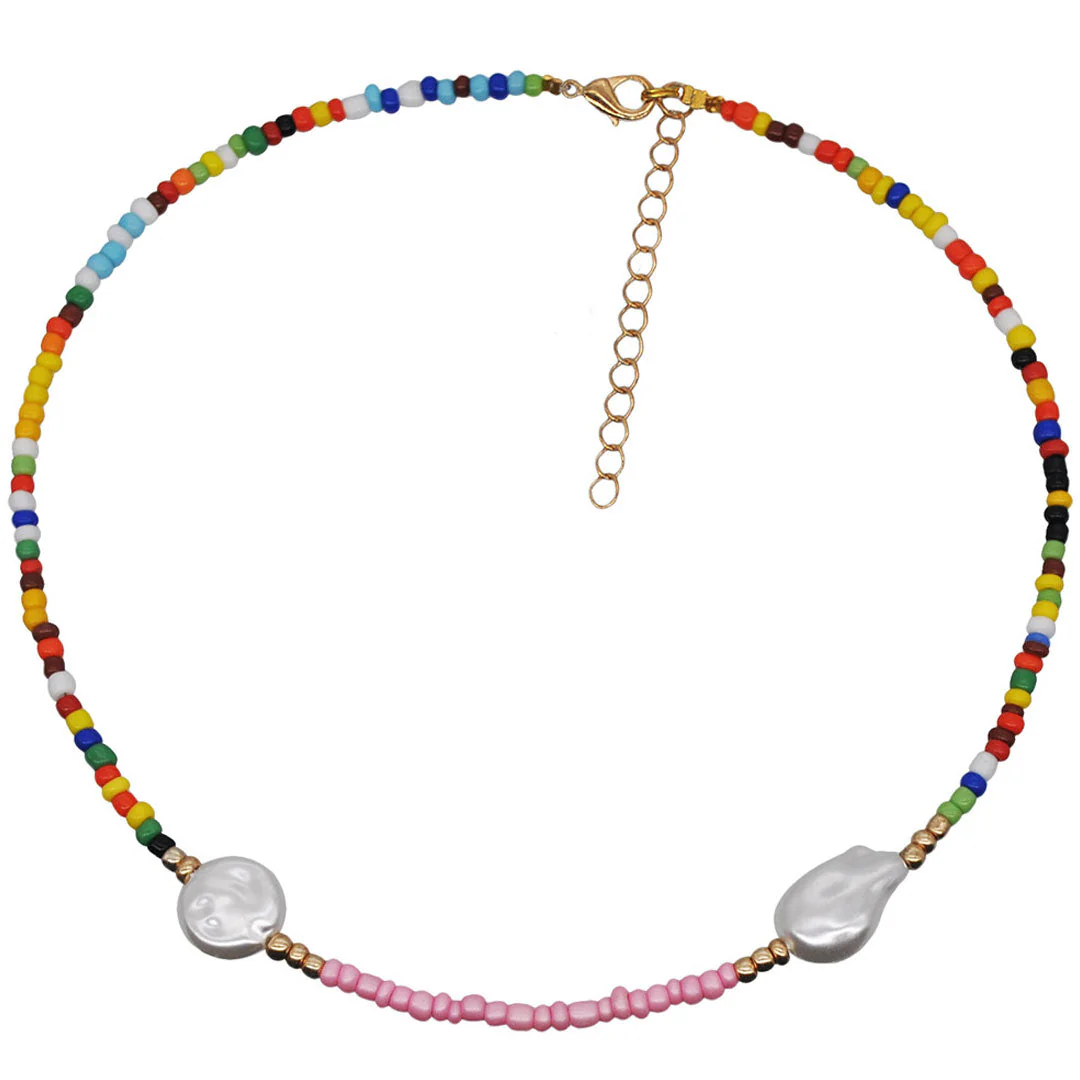 Resort Style Baroque Pearl Mixed Beaded Choker Necklace - Pink - Image 2
