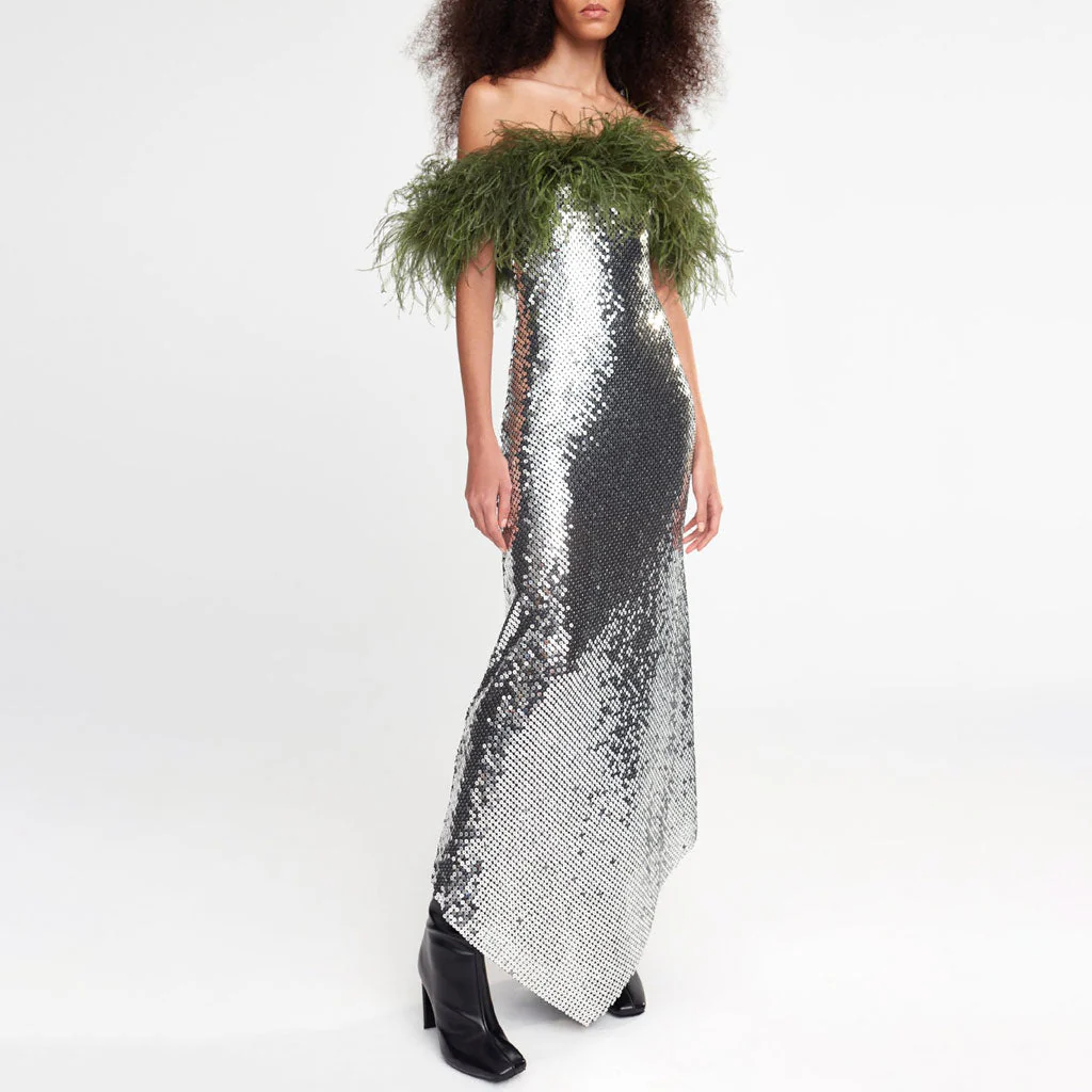 Resplendent Contrast Feathery Off Shoulder Asymmetrical Sequin Evening Dress - Image 3