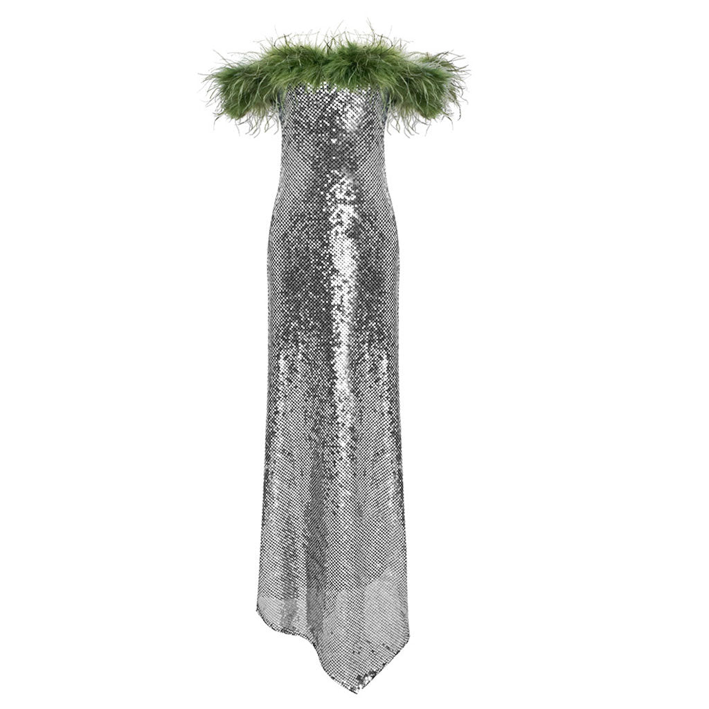 Resplendent Contrast Feathery Off Shoulder Asymmetrical Sequin Evening Dress - Image 4
