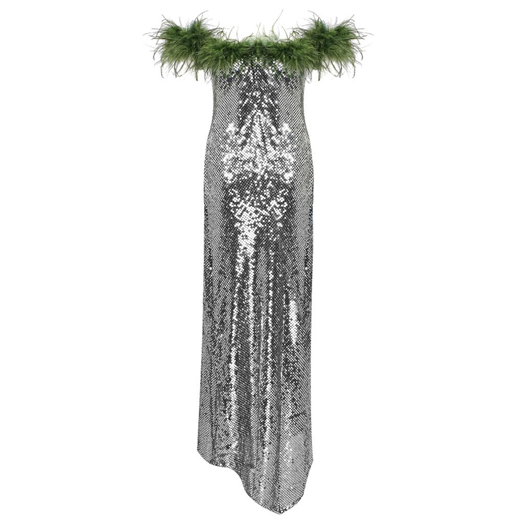 Resplendent Contrast Feathery Off Shoulder Asymmetrical Sequin Evening Dress - Image 5