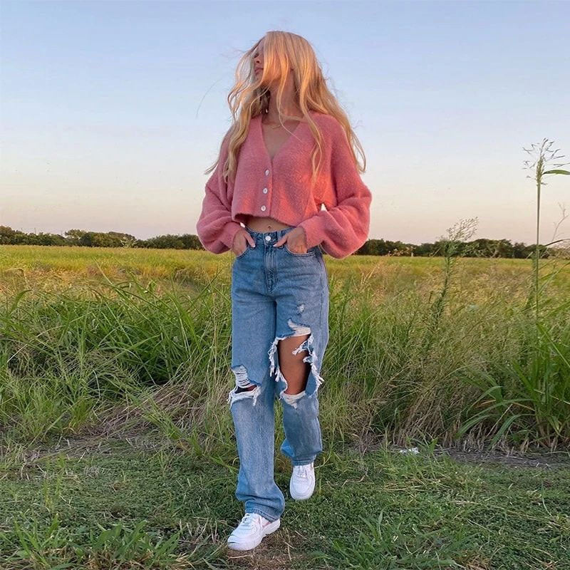 Retro '90s Distressed Cutout High Waist Wide Leg Jeans - Blue - Image 3
