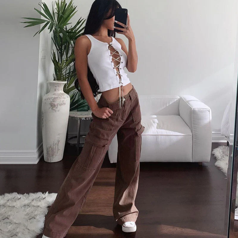 Retro '90s Flap Pocket Mid Waist Straight Leg Jeans - Coffee - Image 2
