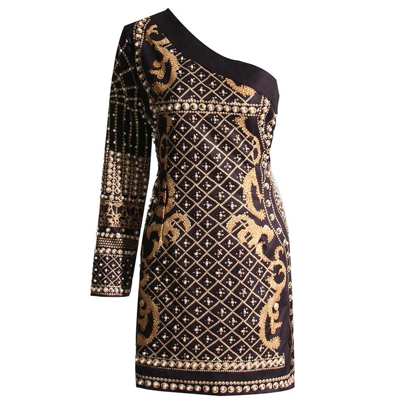 Retro Baroque Printed Faux Pearl Beaded One Shoulder Mini Party Dress - Image 3